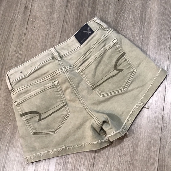 American Eagle “Hi-Rise Shortie” Light Olive Green Distressed Denim Shorts - Picture 2 of 7